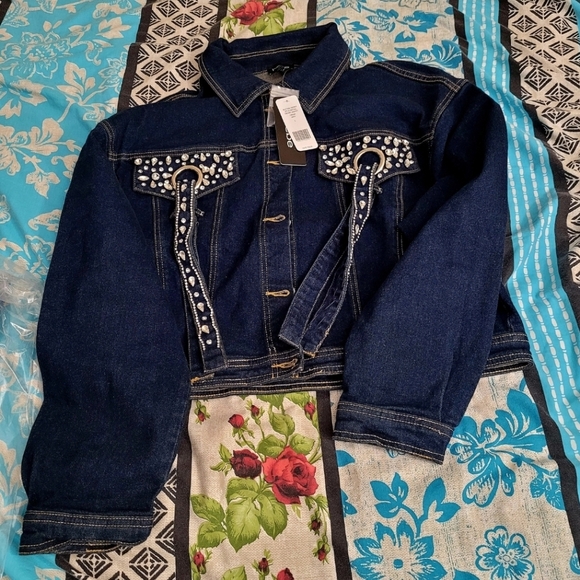 Bebe Dark Blue Denim Jacket with Crystal Accents - Picture 3 of 4